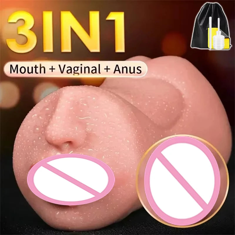 3 in 1 Realistic Male Masturbator with Pocket Pussy Vagina and Mouth Lifelike Sex Doll with Face TPE Portable Adult Sex Love Toy
