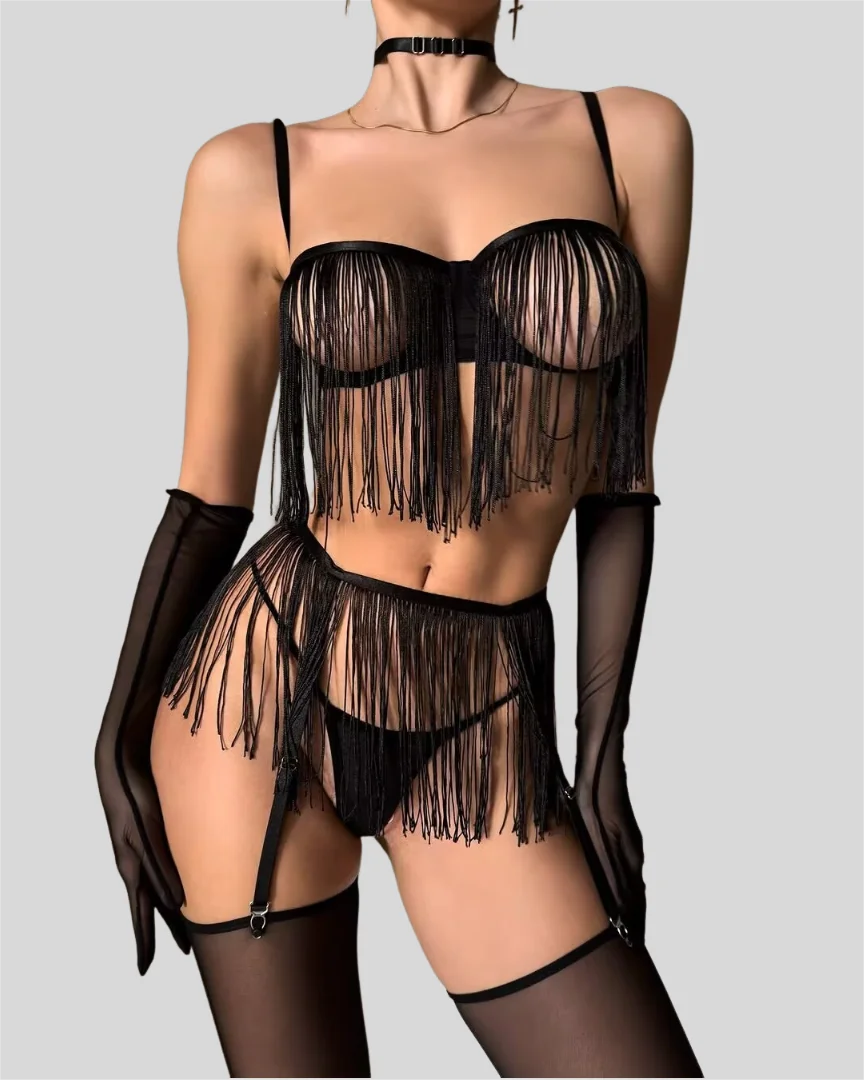 Ellolace Tassel Porn Erotic Lingerie 8-Piece Transparent Ultra Sexy Adult Costume with Garter Outfit Call The Night Sex Suit