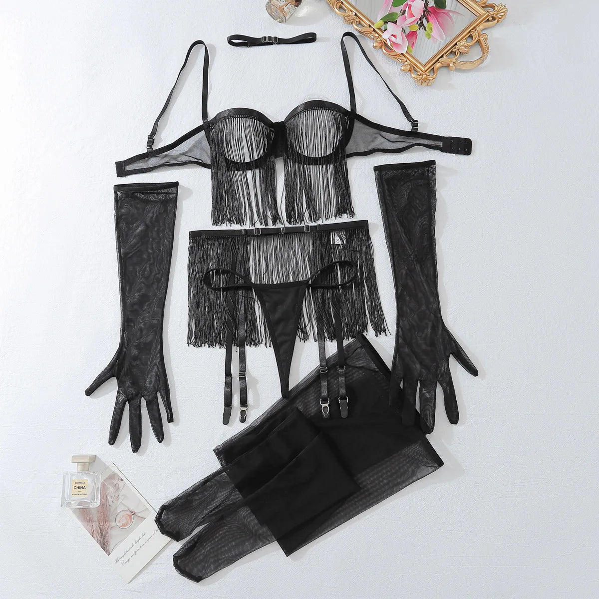 Ellolace Tassel Porn Erotic Lingerie 8-Piece Transparent Ultra Sexy Adult Costume with Garter Outfit Call The Night Sex Suit